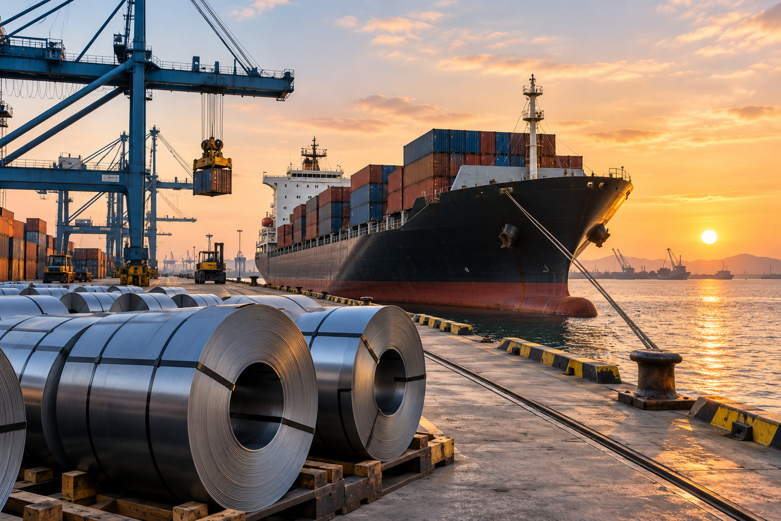 Steel coils at an industrial port beside a cargo ship for international maritime logistics