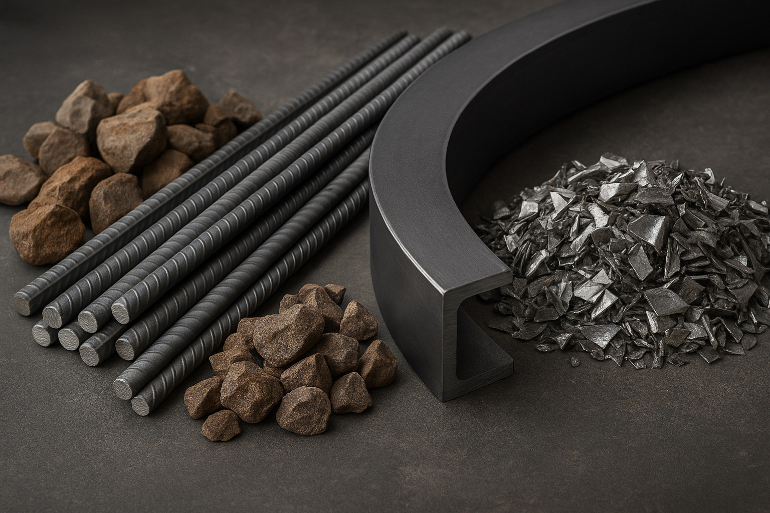 Steel bars and iron ore representing the sustainable steel production cycle — from raw materials to recycling and reuse