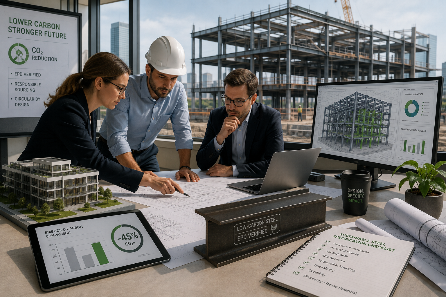 Architects and engineers specifying sustainable structural steel for a low-carbon building project